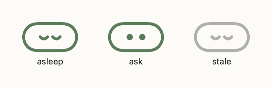 The menu-bar presence in its three states: asleep, ready to ask, and stale.